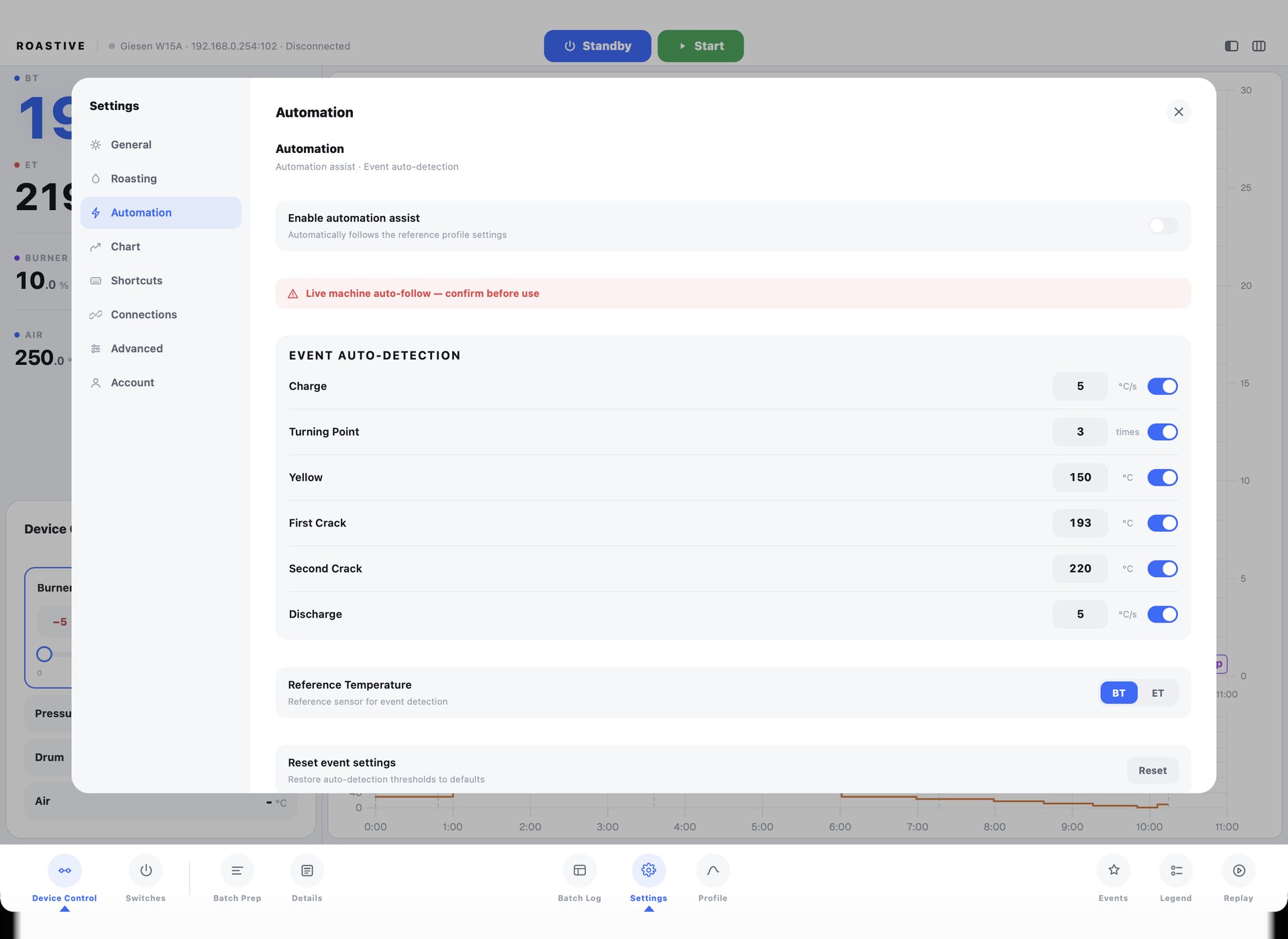 Roastive Roasting App — automation settings that auto-detect charge, turning point, yellow, first crack and drop
