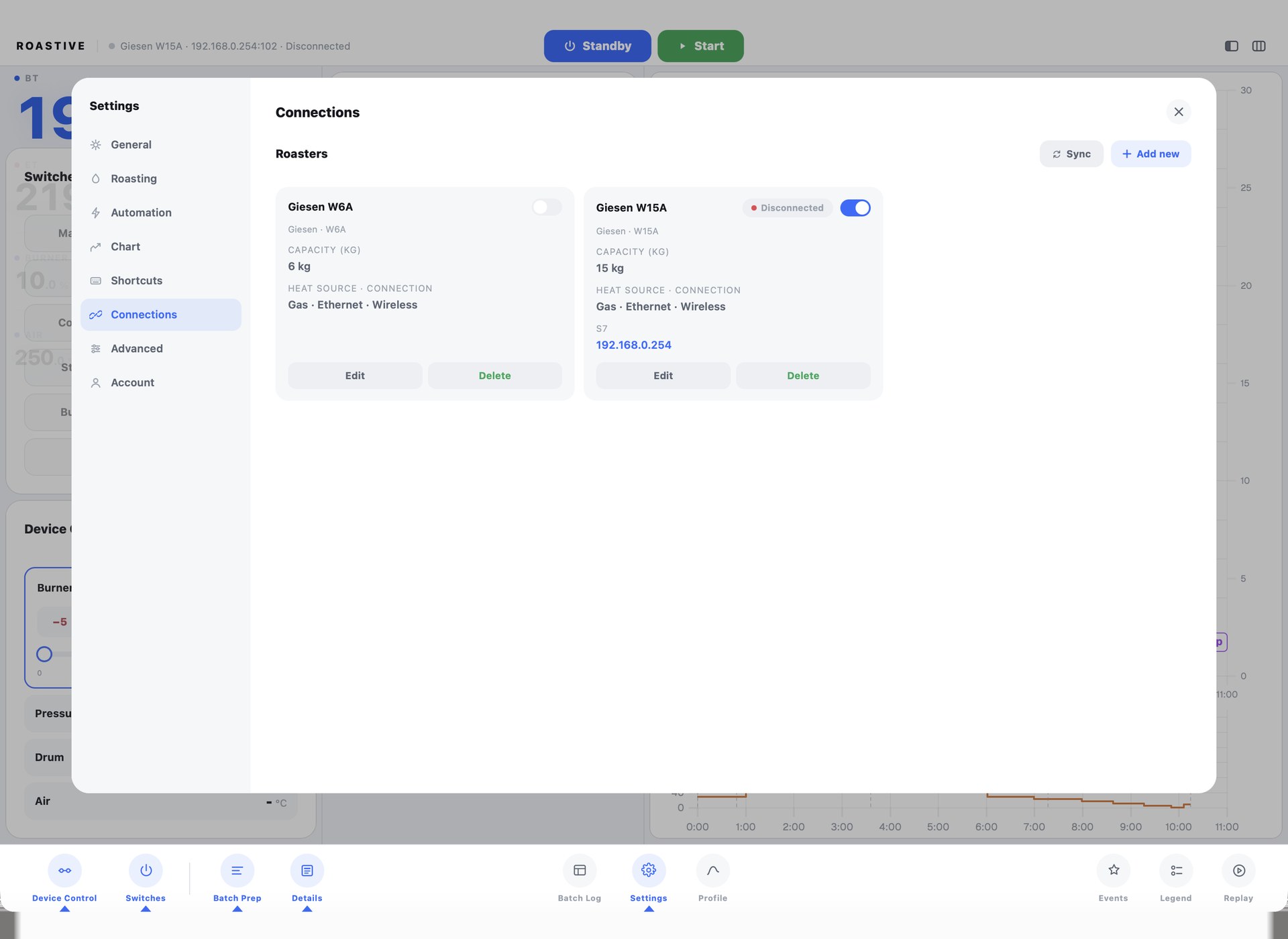 Roastive Roasting App — roaster connections for multiple machines over Ethernet and wireless
