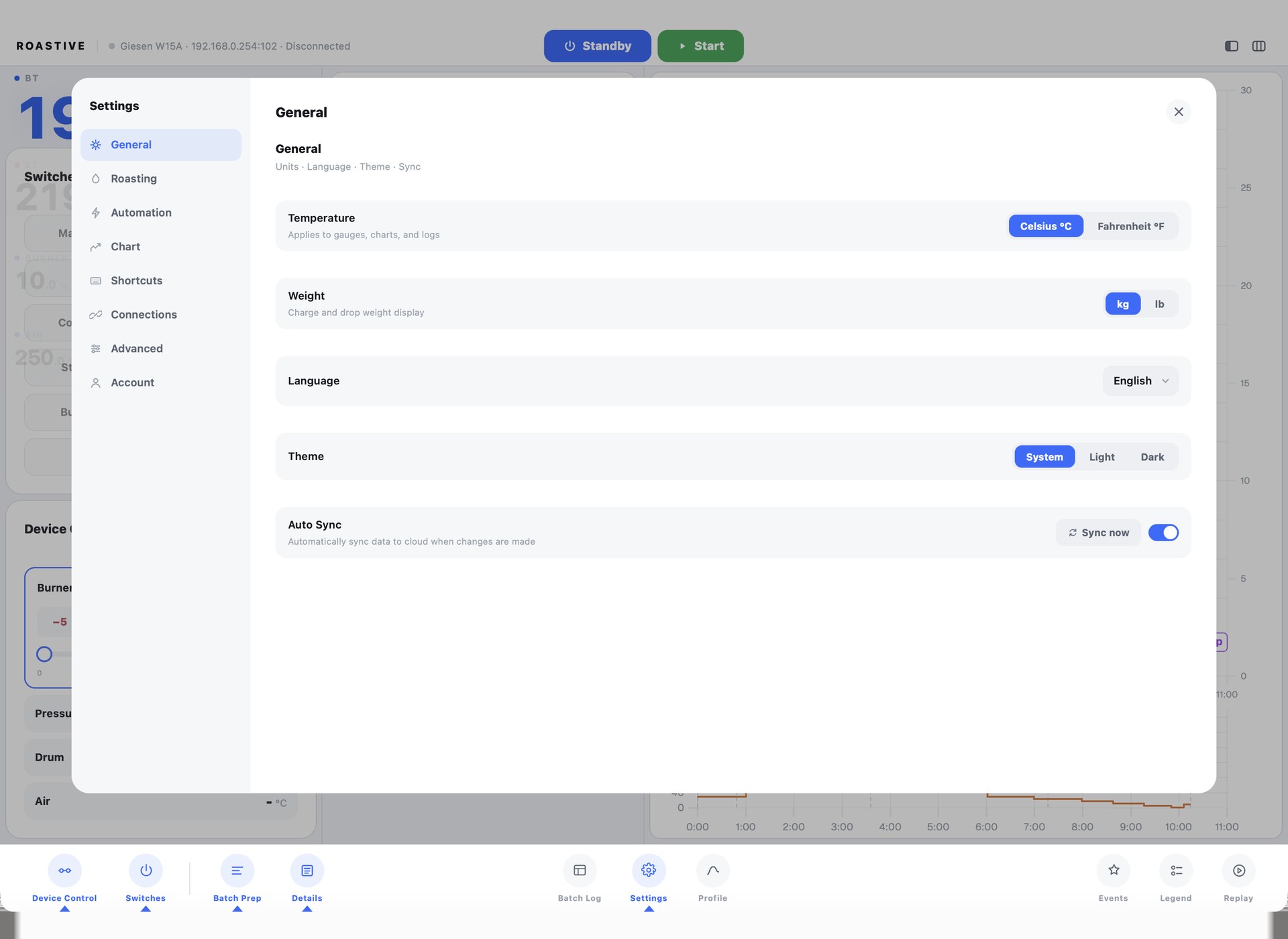 Roastive Roasting App — unit settings for Celsius or Fahrenheit, kilograms or pounds, plus cloud sync