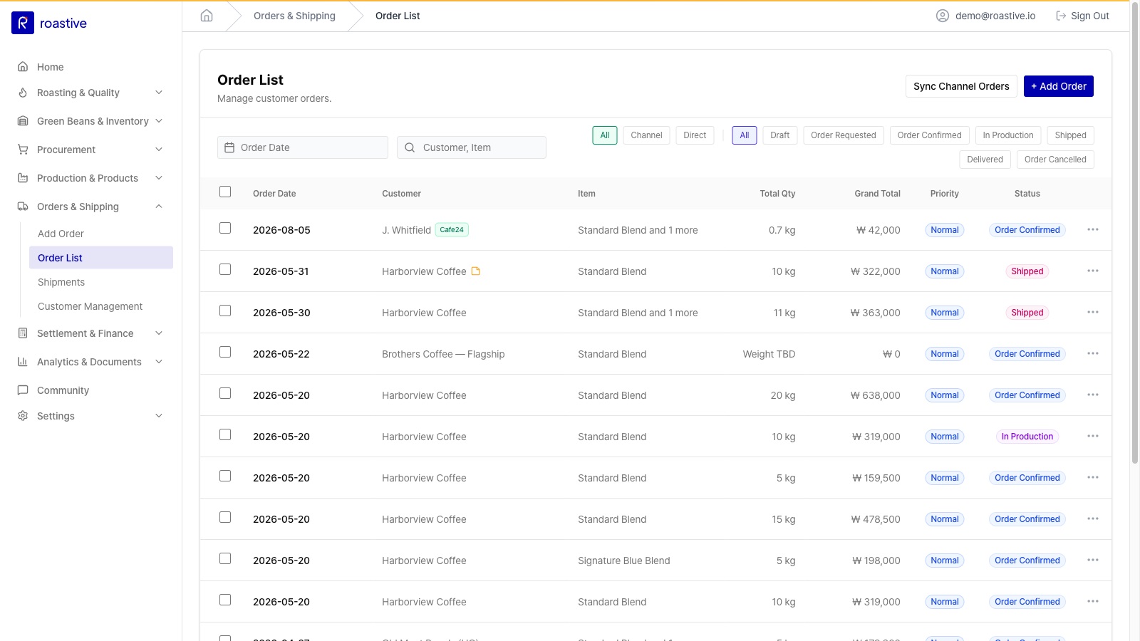 Roastive Management System — wholesale order list and status management