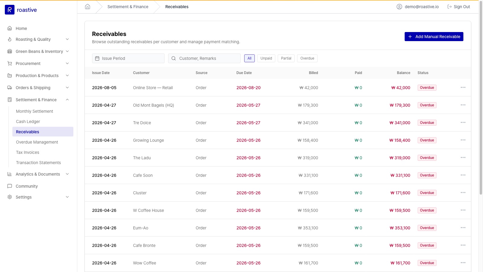 Roastive Management System — receivables tracking with payment matching